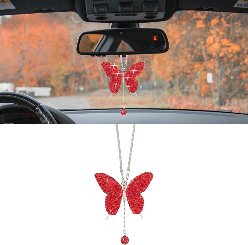 Couslcd Bling Butterfly Diamond Car Accessories, Crystal Car Rear View Mirror Charms for Women, Car Decoration Lucky Hanging Interior Crystal Ornament Pendant Decor for All Cars (Red) - Image 1